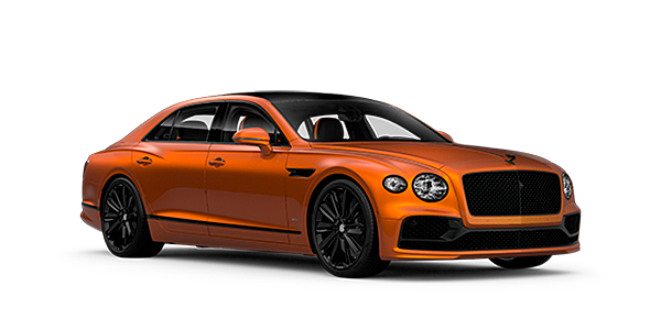 Bentley Macau Bentley Flying Spur Speed front side angled view in Orange Flame coloured exterior. 