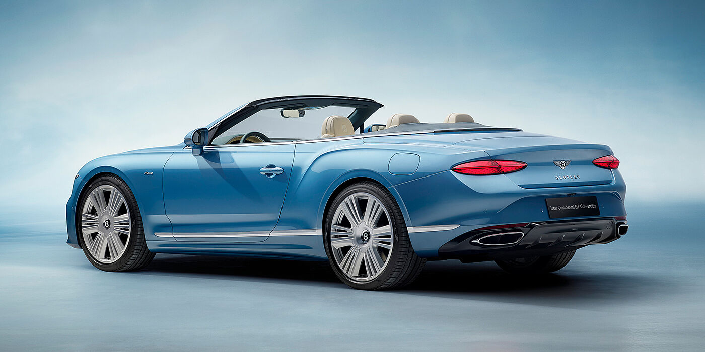 Bentley Macau New Bentley Continental GTC Azure convertible rear view in Light Windsor blue paint with 22 inch ten spoke wheels and chrome exterior details