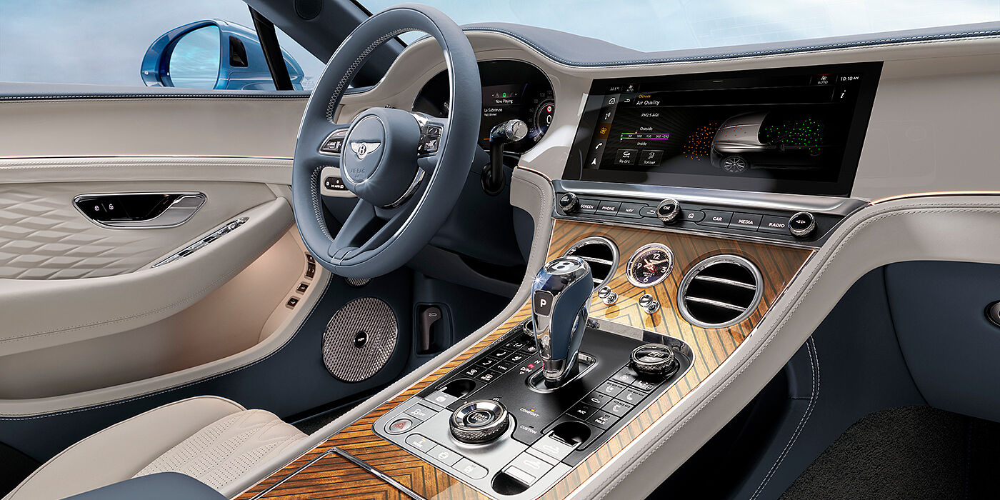 Bentley Macau New Bentley Continental GTC Azure convertible interior front cabin view with Linen and Brunel hides and Piano Linen by Mulliner veneer featuring centre console and centre MMI screen