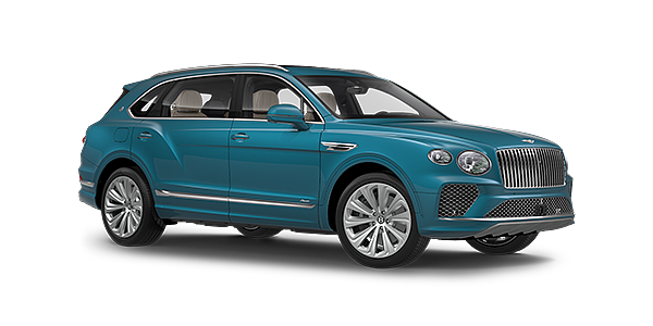 Bentley Macau Bentayga Extended Wheelbase Azure luxury SUV front three quarter in Topaz Blue by Mulliner paint